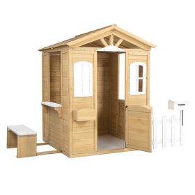 Wooden Playhouse for Kids Outdoor with Working Door, Windows, Mailbox, Bench, Flowers Pot Holder, 39" x 38" x 55.5"