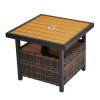 Outdoor Wicker Side Table with Umbrella Hole & Storage Space, Square PE Rattan End Table for Patio Garden Poolside Deck Brown