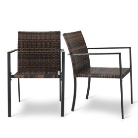 Set of 2 Stackable Outdoor Wicker Patio Dining Chairs, All-Weather Firepit Armchair with Armrests, Steel Frame for Patio Deck Garden Yard, Brown (Color: as picture)