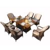 Direct Wicker 7 PCS Patio Gas Firepit and Ice Container Rectangle Dining Set with 6 Standard Height Chairs