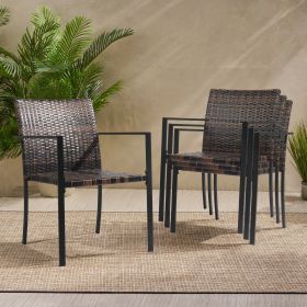 Set of 2 Stackable Outdoor Wicker Patio Dining Chairs, All-Weather Firepit Armchair with Armrests, Steel Frame for Patio Deck Garden Yard, Brown (Color: Brown)