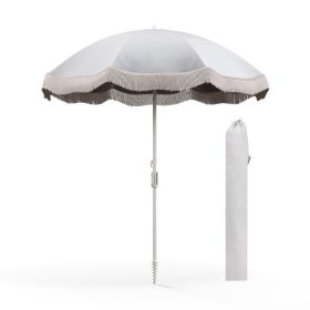 6.5 FT Beach Umbrella with Fringe Outdoor Tassel Umbrella with Push Button Tilt (Color: White)