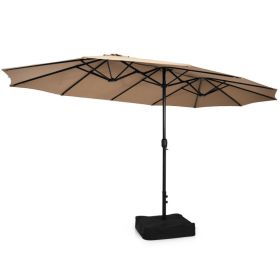 15 Feet Double-Sided Twin Patio Umbrella with Crank and Base (Color: Brown)