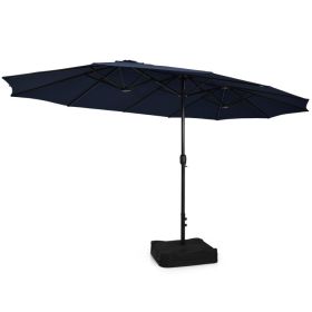 15 Feet Double-Sided Twin Patio Umbrella with Crank and Base (Color: Navy)